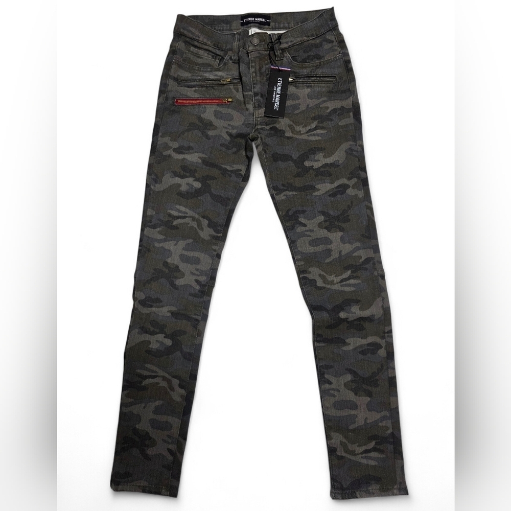Etienne Marcel Grey Camo Skinny Jeans Size 27 NWT Zip Detail Stretch $228 Retail